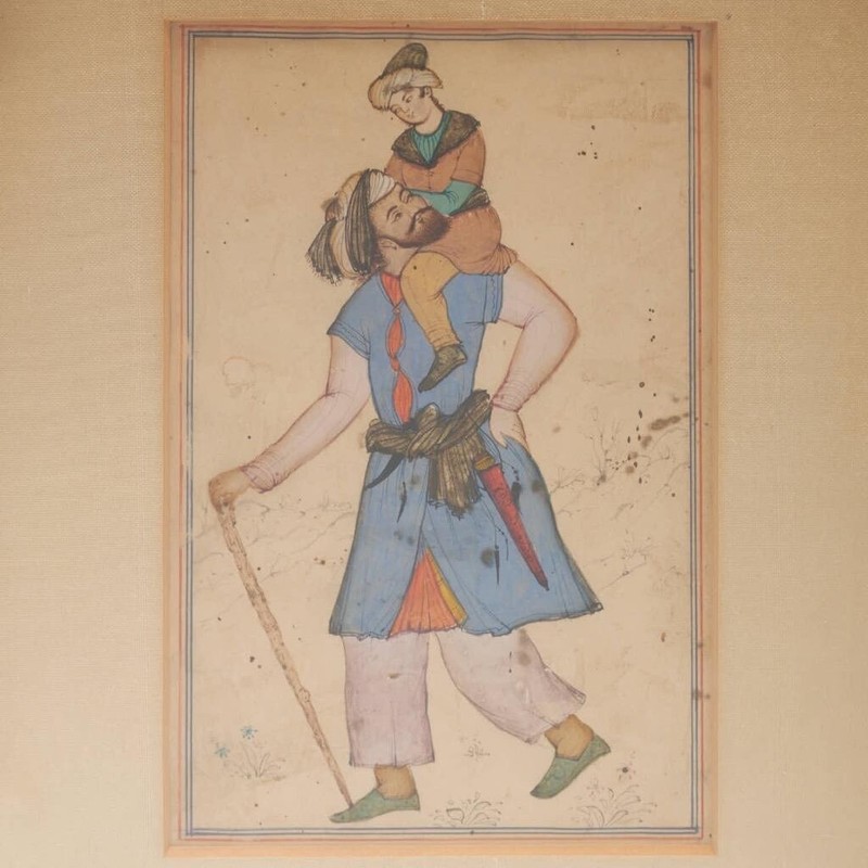 Indo Persian Style Miniature Gouache Father & Son Painting 18th/19th C Antique