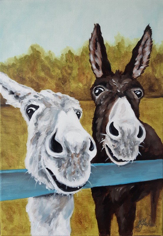 Funny Donkey Original Oil Painting Duo Donkey Portrait Curious Donkey Art 12×16