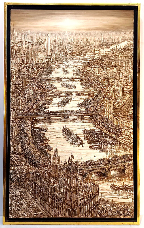 LISTED SPANISH ALVARO RODRIGUEZ SIGNED ORIGINAL 3-D AERIAL LONDON THAMES RIVER