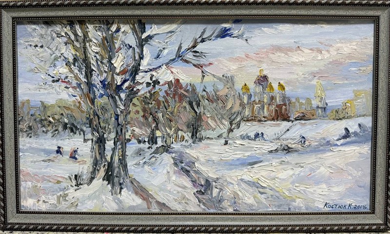 Winter Dnipro River Painting – Original Oil on Cardboard, Snow Landscape