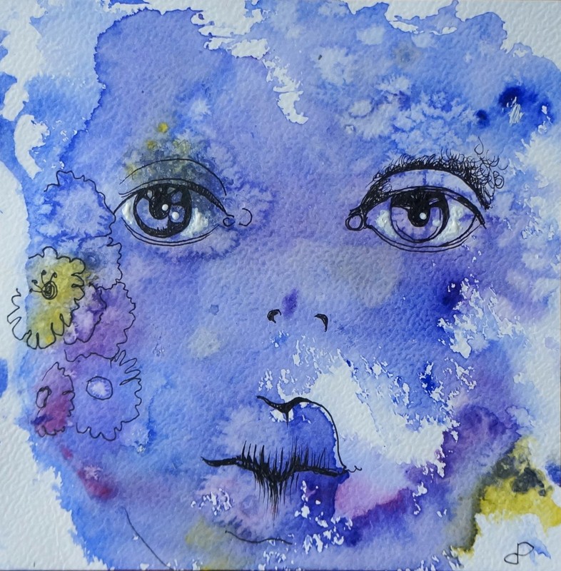 Watercolor painting original Ink drawing, Gaze, Dora Pilssala 15 x 15 cm, 6×6 in