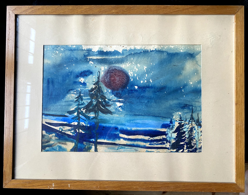 Expressionist Winter Evening Snow Fir Trees Red Sun Frame Sea Moonlight