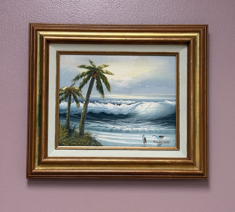 Vintage ORIGINAL Mid-Century Palm Seascape Sea Birds SIGNED Adrian FRAMED