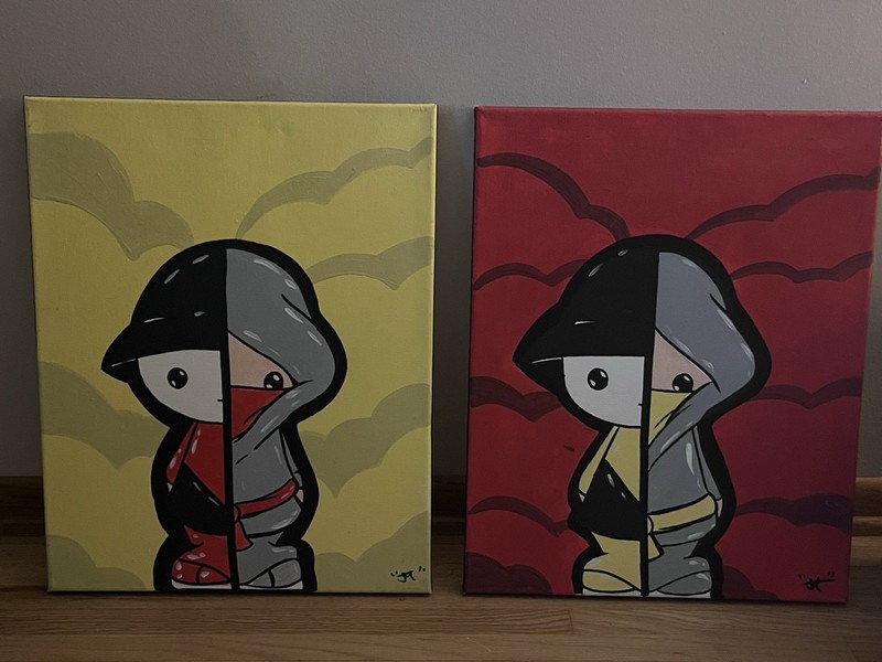 Juan Muniz Signed Hand-Painted Cartoon Figure Canvas Diptych Set, Unframed
