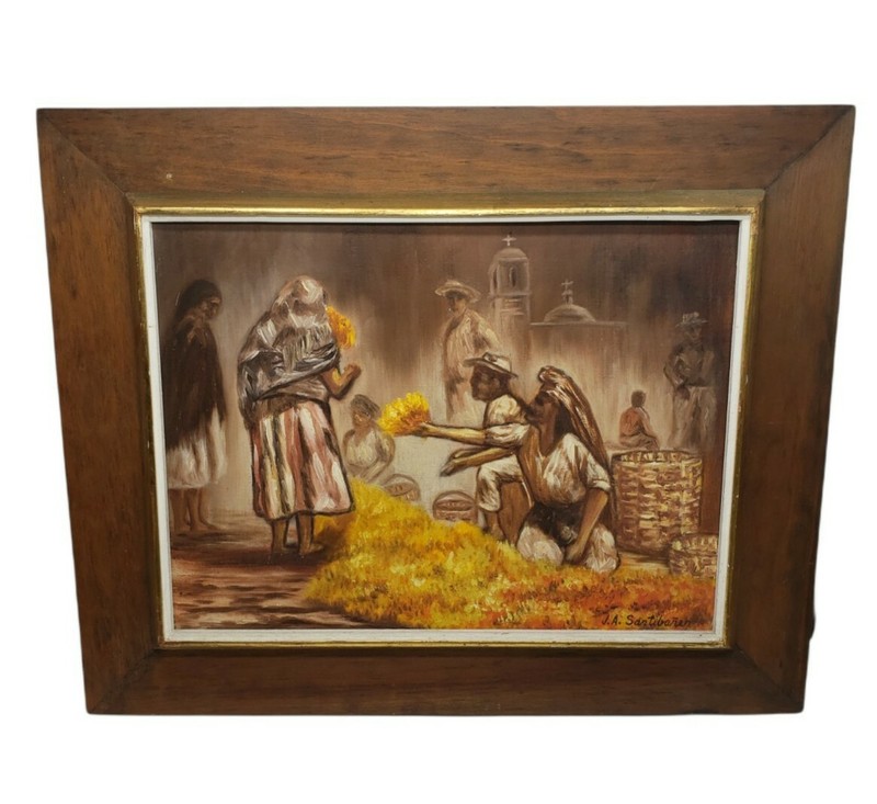 Vintage Folk Art Village Market Painting Signed Santibanez Acrylic On Canvas
