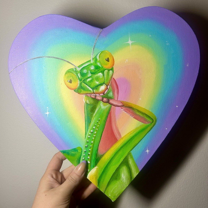 Unframed Praying Mantis on Rainbow Heart Canvas Painting Contemporary Art