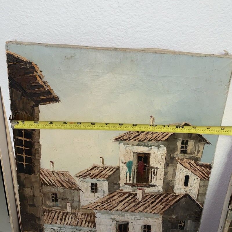 Vntg Oil Painting Madrid Spain Village Street Scene 30”x 15” Set Of 2 Free Ship! gallery