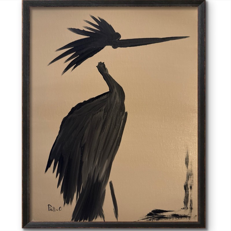 Original Egret Painting Coastal Bird Beach Art Silhouette Acrylic Canvas 11×14