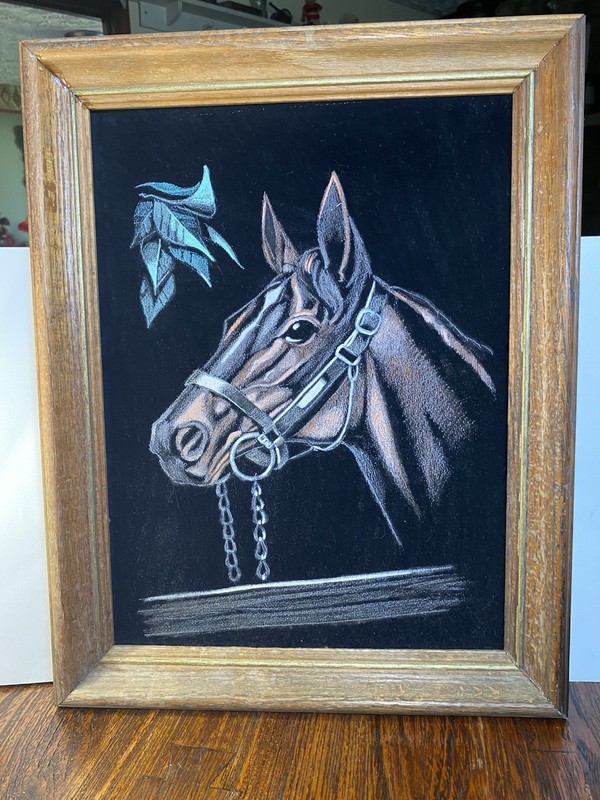 Vintage Black Velvet Horse Head Painting Wood Framed