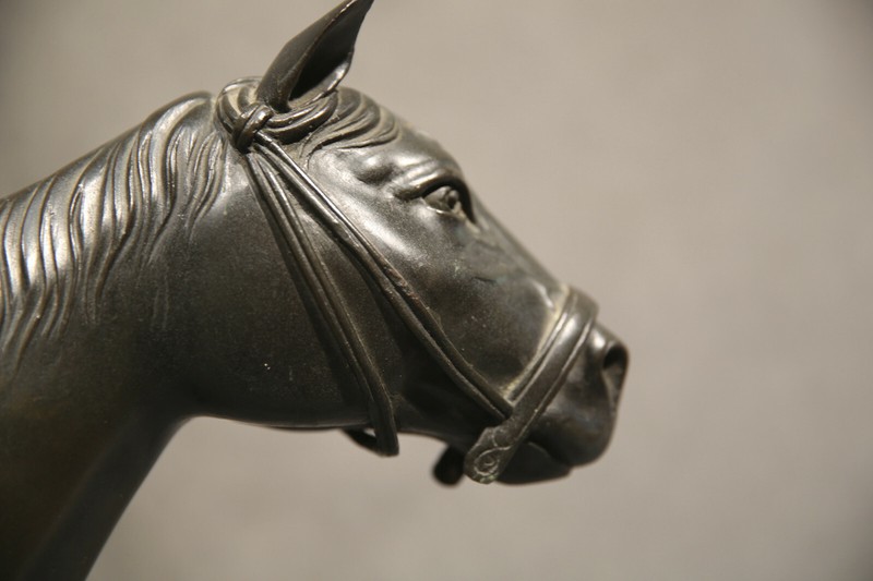 18th Century Chinese Animal Bronze Horse with Saddle Dark Brown & Green Patina gallery