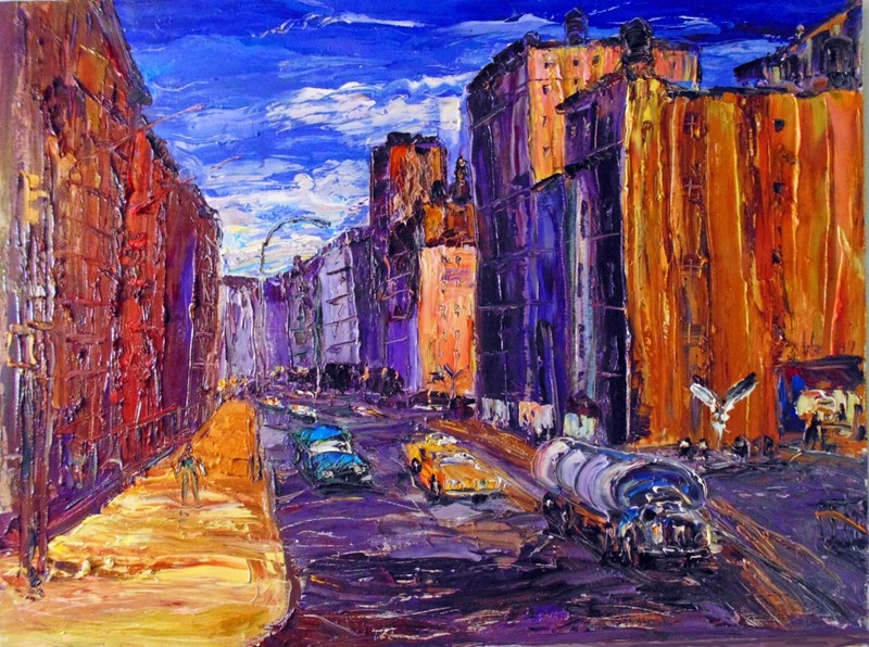 LAF/HOUSTON – Arthur Robins Original Oil NYC Cityscape Taxis Streets Gas Station
