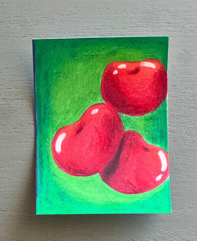 ACEO Original Artist Card Mixed Media Fruit #4/4 Cherries 2.5 x 3.5 Inches