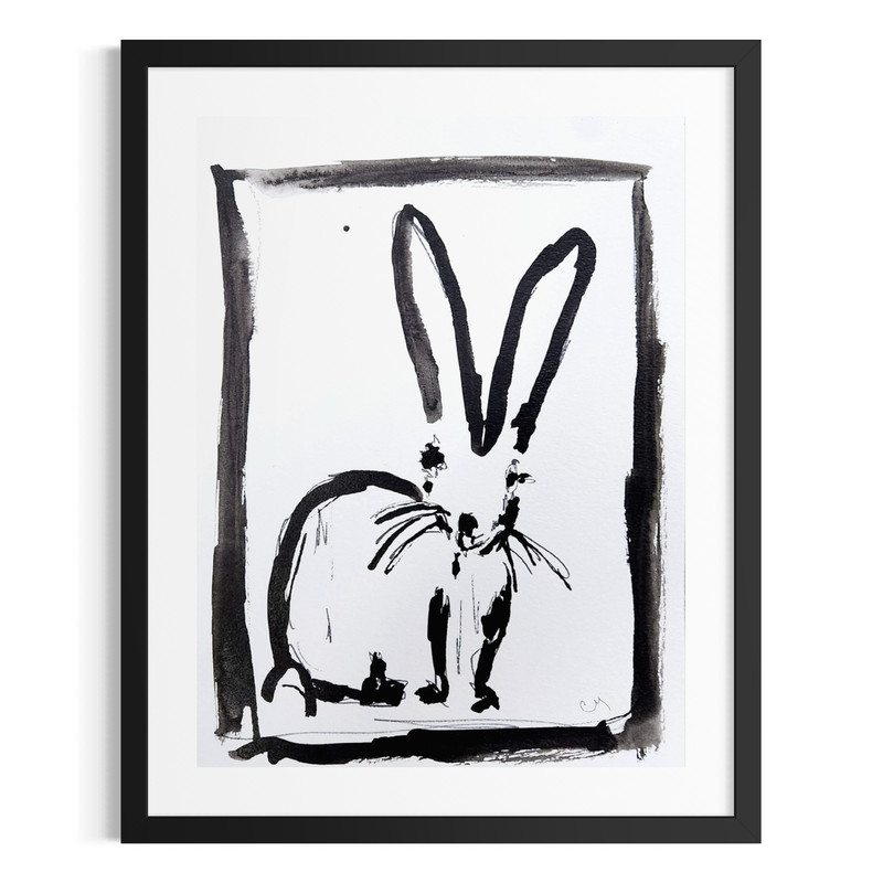 Original Minimalist Rabbit 9×12 Abstract Painting Black White Acrylic Ink Art