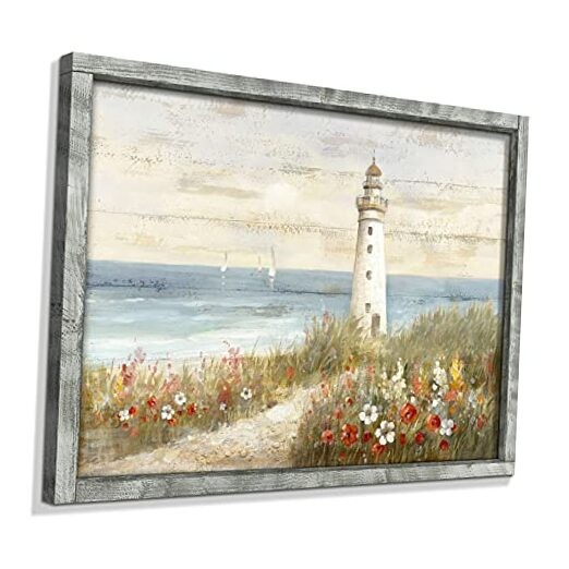 Seascapes Framed Wooden Wall Art: Ocean 32L» x 24W» Warm Color Lighthouse