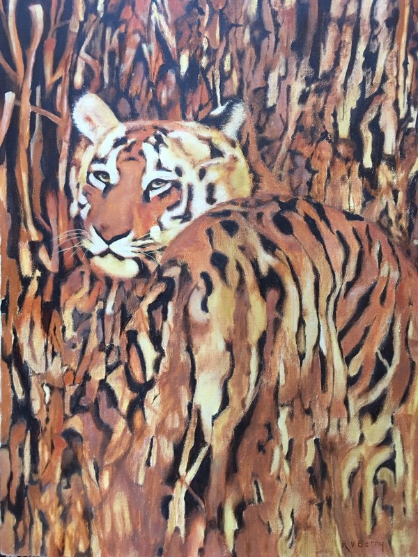 VINTAGE TIGER OIL PAINTING SIGNED CAT JUNGLE R. V. BERRY 20TH CENTURY