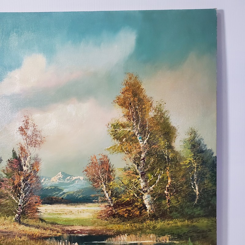 H Ross Signed 30x24 Vtg 1980s Oil Canvas Landscape Painting Mountains River Wood gallery