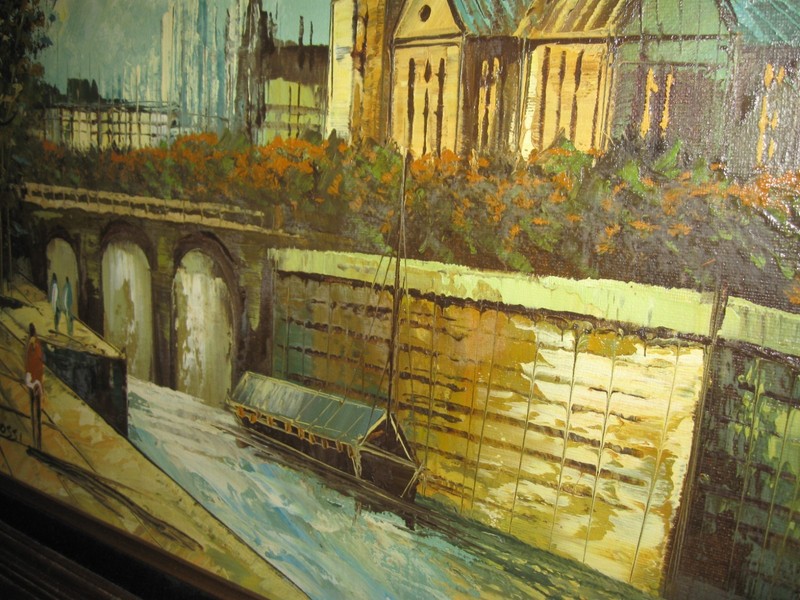 Original painting Signed Rossi Cityscape Water People Frame 29" x 25" gallery