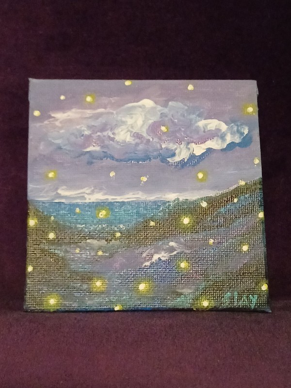Original Painting Fireflies Mountains Clouds Seascape Firefly ART 4×4 Artwork