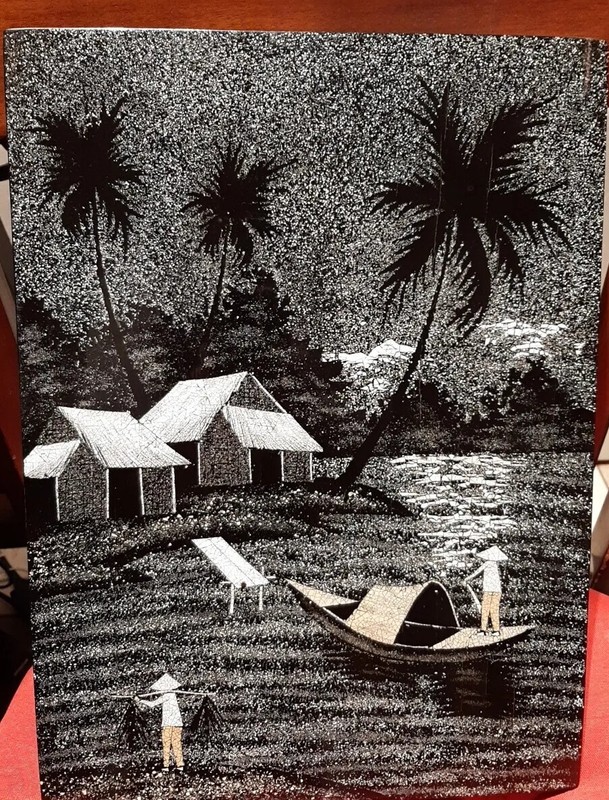 Vtg Vietnamese Tropical Art BOAT WATER Wood Black Lacquer Eggshell 15.5″x11.5″