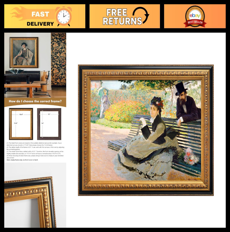 Antique Ornate Canvas Frame 16×20 for Paintings, Black & Gold Wood Decor