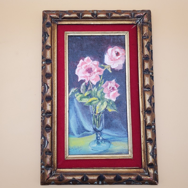VTG 12″x6″ Original Still Life Flowers Floral Oil Painting W/ Frame
