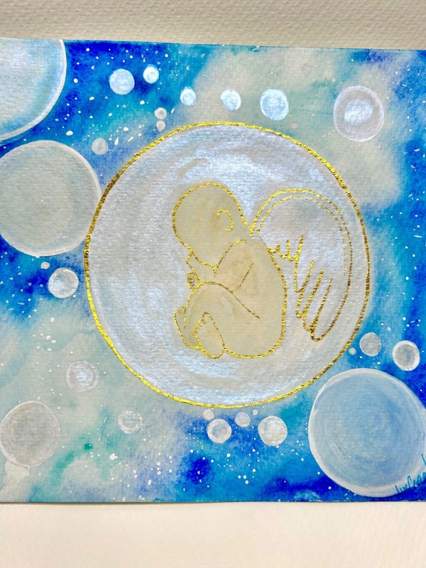 Watercolor Original Memorial Art Angel Baby Bubbles Surreal Painting Gold Blue