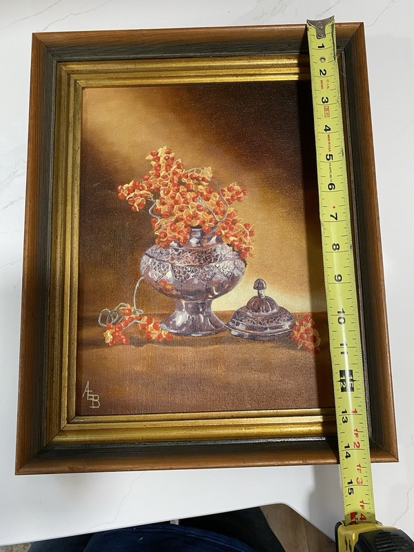 Original Oil Painting Still Life Wooden Frame Berries And Silver Urn gallery