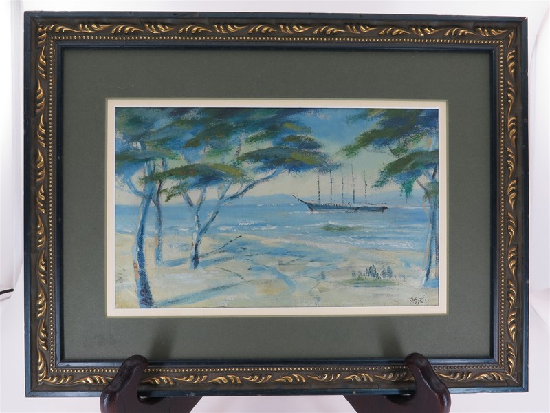 1933 Original Framed & Signed «Hoyt» Seascape Masted Ship & Trees 12.75″ x 9.5″