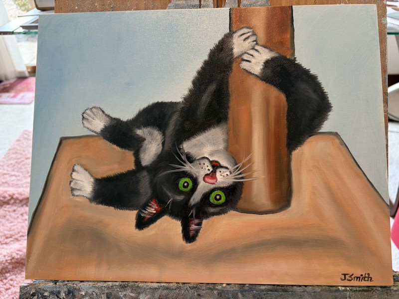 Original oil painting New 11 x 14 inches cute and sweet black cat having fun!!