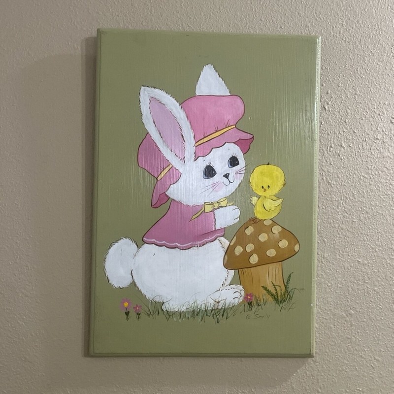 Vintage 80’s Wood Art retro Bunny Rabbit Hand Painted Plaque Decor Easter