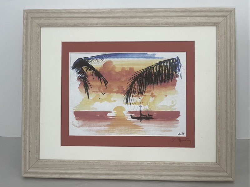 Seascape Painting St.Maarten Ocean Sailboat Palms Watercolor Framed 15×12 Signed