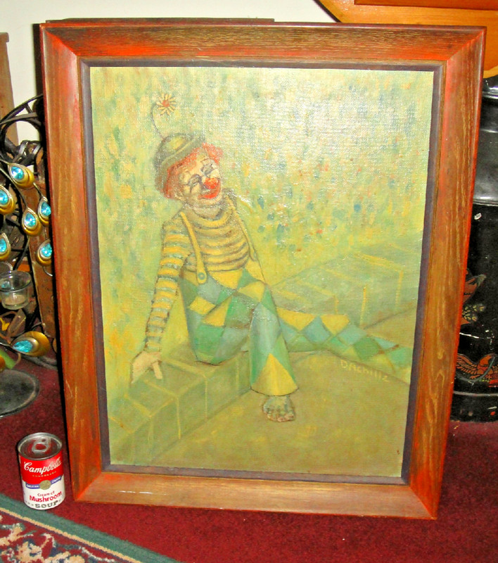 Vintage Clown Oil Painting On Board Signed D’Achille Framed Clown Sitting