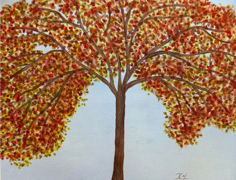 PAINTING WATERCOLOR 11X14 & MAT 16X20 TREE LANDSCAPE FALL ORANGE RED AUTUMN ART