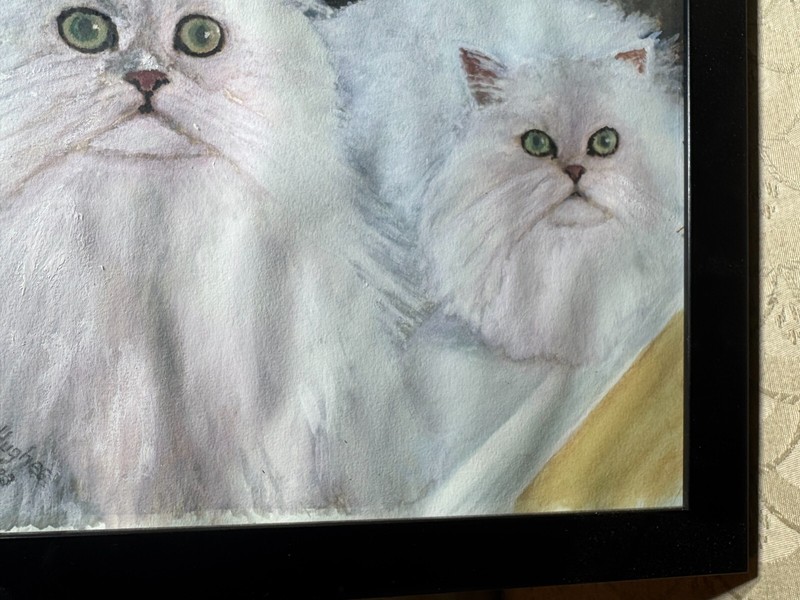 John Hughes Feb 2023 "Two Cats Scene" Mixed Media Painting - Signed And Framed gallery