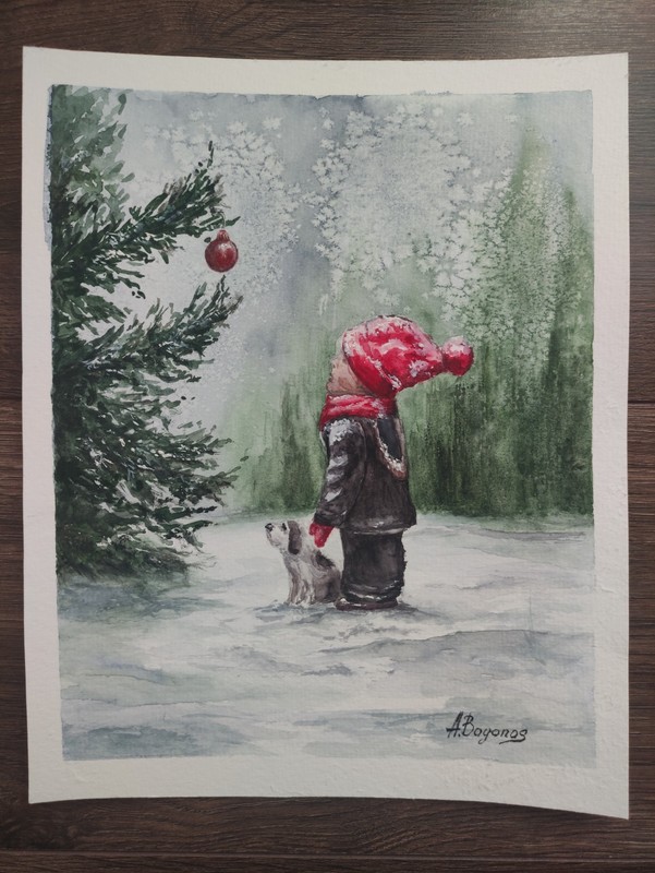Original Watercolor Painting a Boy with a Dog Winter Landscape Christmas Art