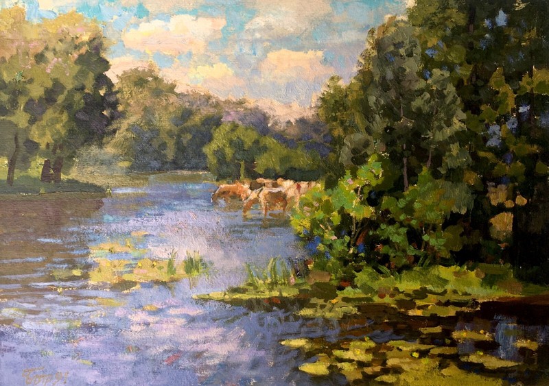 Oil Painting Hot Day Batrakov V. Unframe Original Home Decor Art Nature nAAA2393