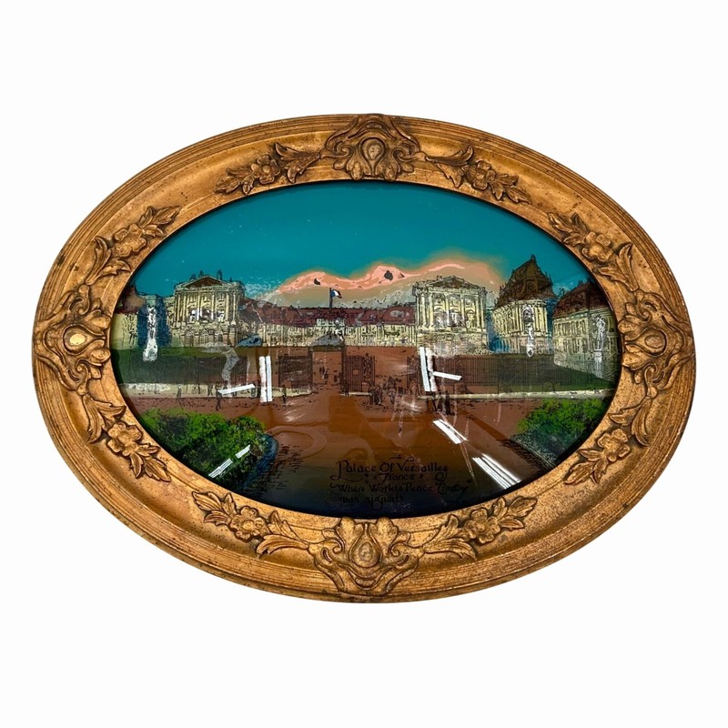VTG CONVEX BUBBLE GLASS REVERSE PAINTING PALACE OF VERSAILLES GOLD WOOD FRAME
