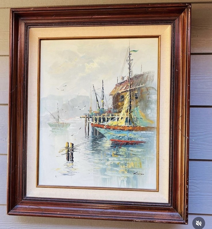 Mid Century Vintage MCM Framed John Luini Fishing Boat Canvas Oil Painting