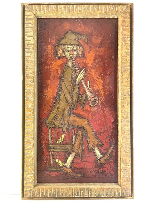 HUGO CASAR Modernist Oil Painting CIRCUS CLOWN Clarinet Birds Cage MCM FRAMED ￼