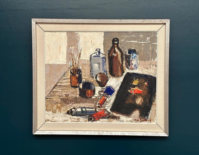 Swedish Oil on Canvas “The Work Table Atelier” by Eric Lundberg 51 × 64 cm