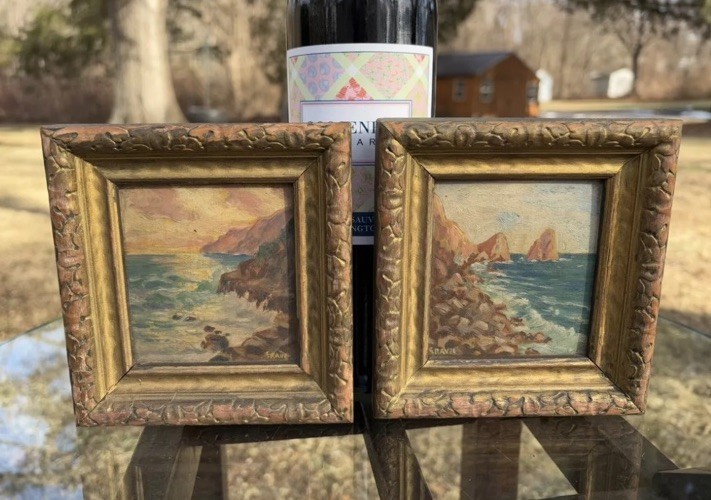~1930s PAIR of Mini Plein Air Oils of CA Coast by E. Ravel / ~3×4” / Orig Frames