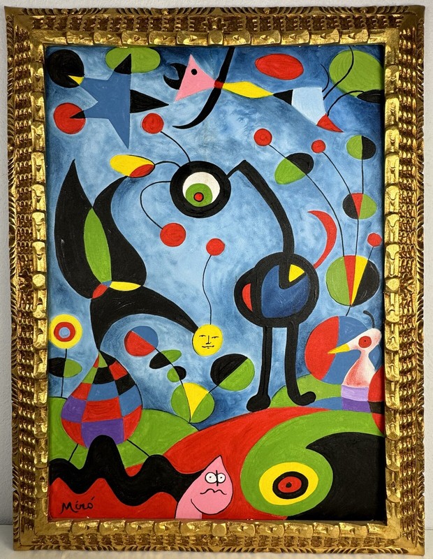 Joan Miró (Handmade) Oil On Canvas Signed & Stamped Framed Painting Vtg Art