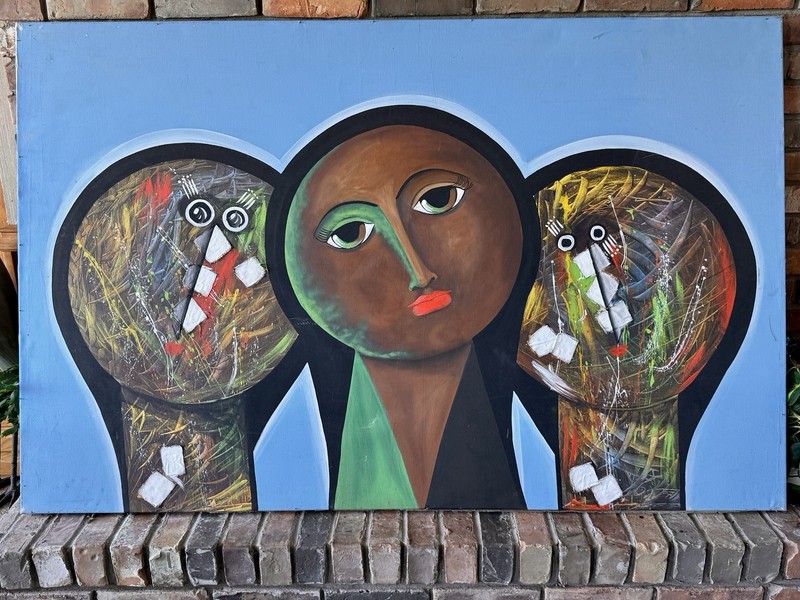 Large Original Canvas Painting Abstract Cubist African Folk Art Modernist 60×38