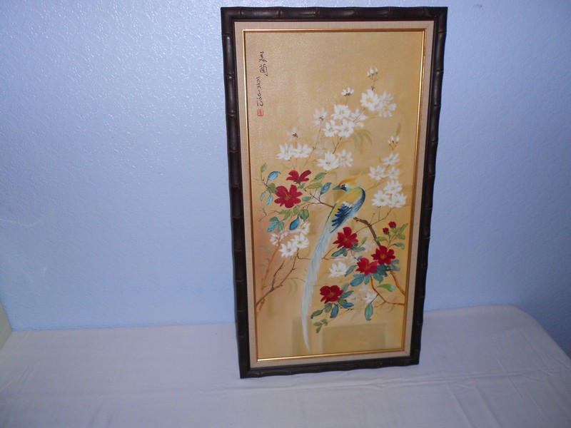 Signed Japanese Painting White & Red Blossoms and Blue Bird Painting Wood Frame