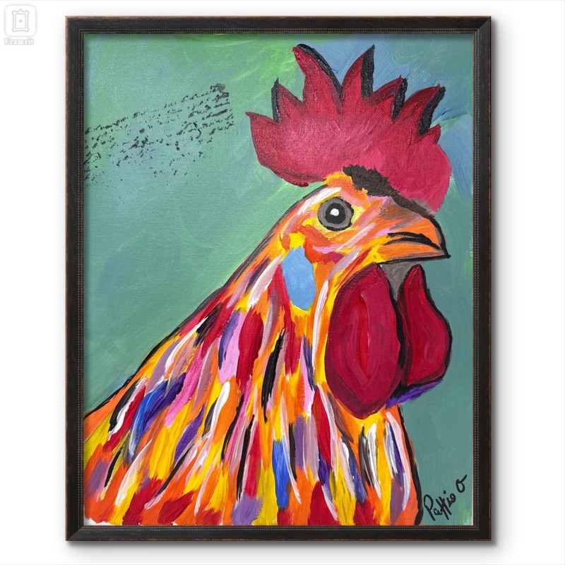 Barnyard King Rooster Chicken Original Art 14×11 Painting Canvas Signed Decor