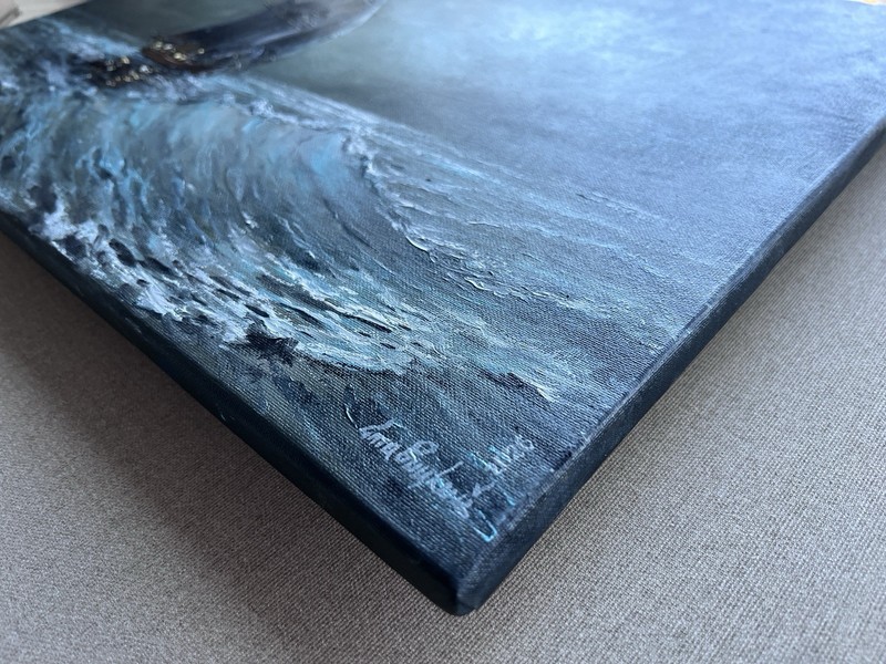 Original Moonlight Seascape Oil Painting on canvas. Tall Ship on Stormy Waves gallery