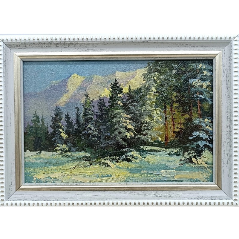 Winter Mountain Original Oil Painting 6×4 Framed Signed Snowy Pine Landscape Art
