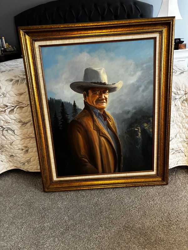 Framed Western Cowboy Portrait Oil Painting on Canvas, Mountains, Nature