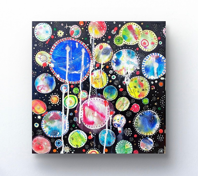 Original Abstract Colorful Acrylic 16x16 Wood Painting, Holly Hammond, Celestial