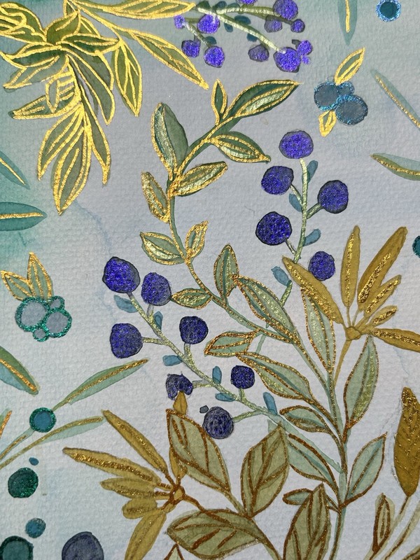Watercolor Painting Botanical Flowers Leaves Floral Art Shimmer Gold Berries gallery